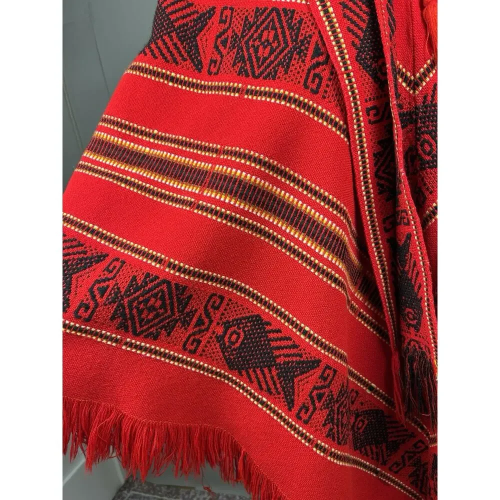 Red Black Woven Geometric Fringe Poncho Cape Shawl Boho Festival One Size